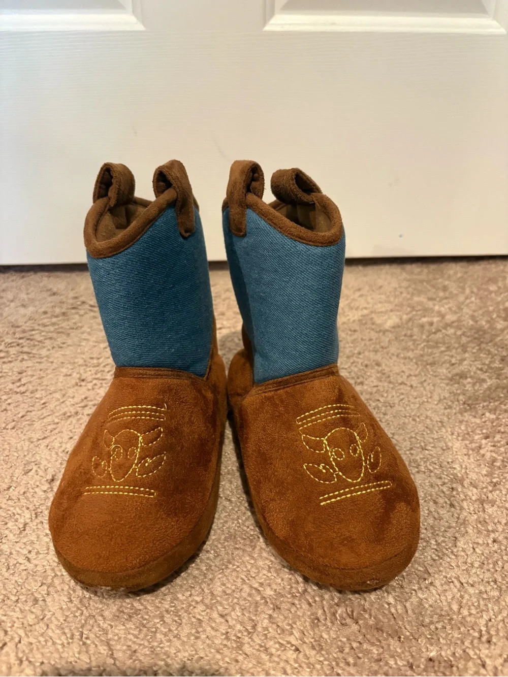 Kids Cowboy Character Boot Slippers in Brown and Blue